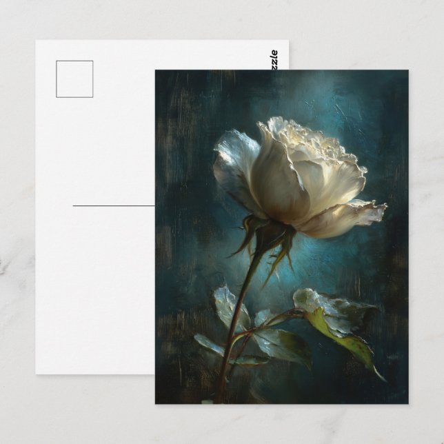 Carte Postale Rose blanche sur Arrière - plan peint Turquoise (Devant / Derrière)