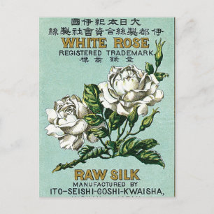 Carte Postale Rose blanche Vintage japonais Étiquette de soie