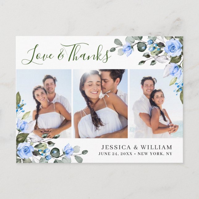 Carte Postale Rose bleu Eucalyptus Mariage 3 Merci photo (Devant)