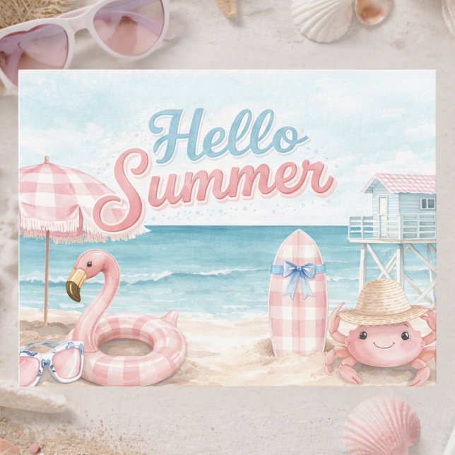 Carte Postale Rose Bleu Gingham Bonjour Été Plage Côtière (Créateur téléchargé)