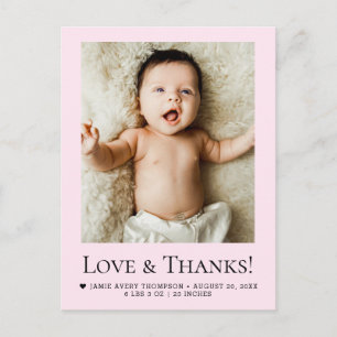 Carte Postale Rose Chic Photo de Nouveau-Né Love & Thanks Statis