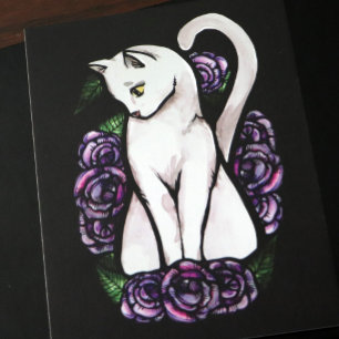 Carte Postale Rose de chat blanc rose violet