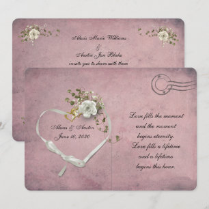 carte postale rose de coeur blanc et ruban