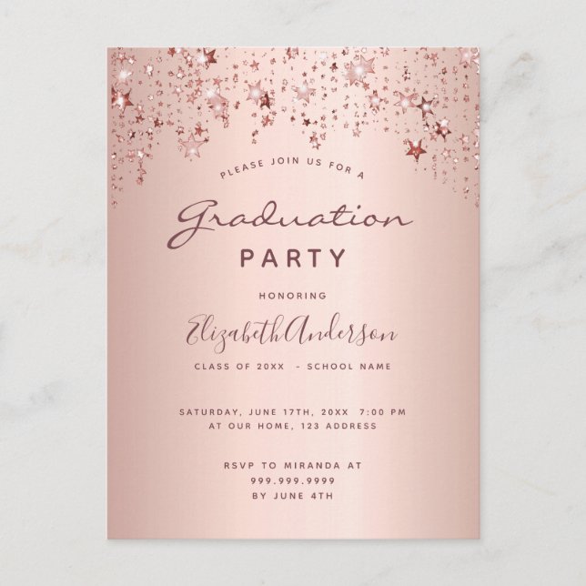 Carte Postale Rose de la fête de graduation or étoiles invitatio (Devant)