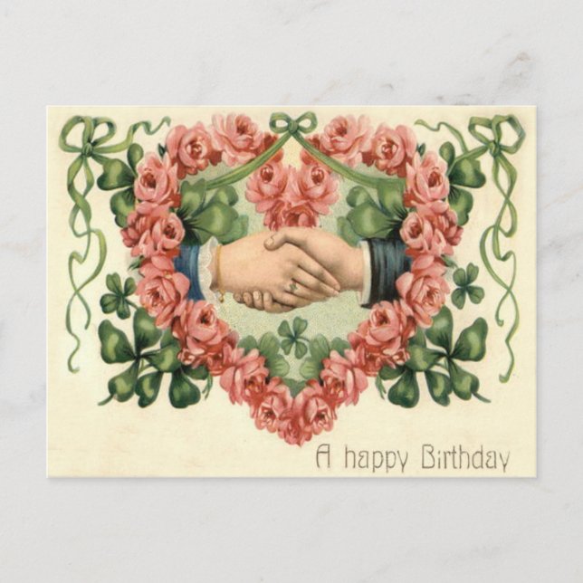 Carte Postale Rose de poignée de main Coeur quatre feuilles Clov (Devant)