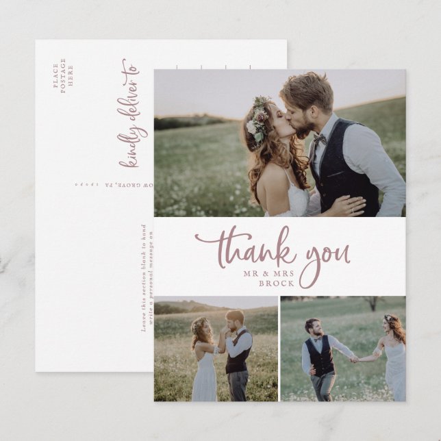 Carte Postale Rose Dorée Rustique Collage de 3 Photos Mariage Re (Devant / Derrière)
