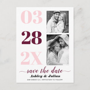 Carte Postale Rose et bordeaux deux photos Sauvez la date