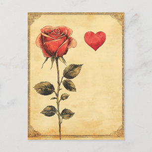 Carte Postale Rose et coeur Amour vintage