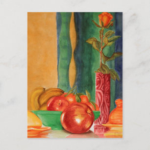 Carte Postale rose et fruits encore vie aquarelle