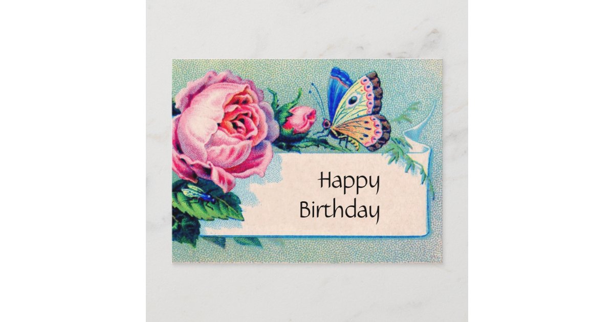 Carte Postale Rose Et Papillon Joyeux Anniversaire Zazzle Fr