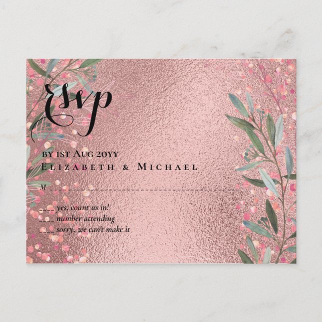 Carte Postale Rose Eucalyptus Feuille Foil Look MARIAGE (Devant)