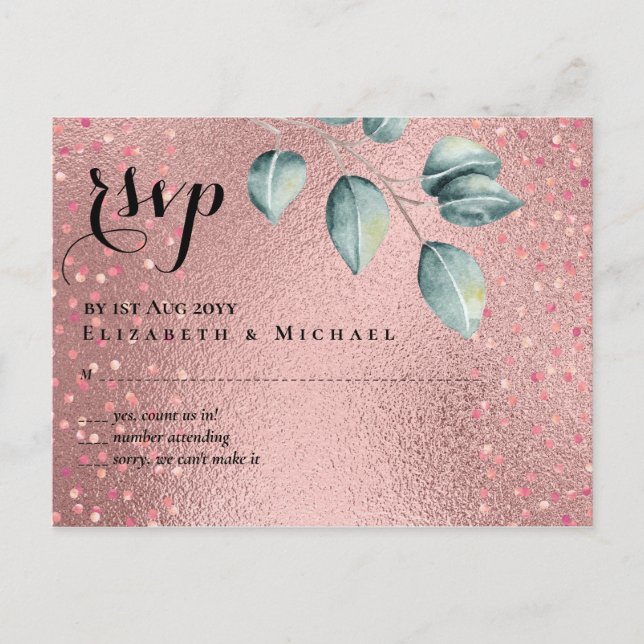 Carte Postale Rose Eucalyptus Feuille Foil Look MARIAGE (Devant)