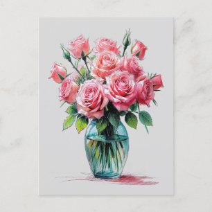 Carte Postale Rose Fleurissant Bouquet Vase Fleurs Dessin