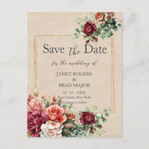 Carte Postale Rose Floral Eucalyptus Mariage Enregistrer la date
