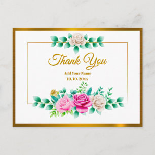 Carte Postale Rose Florale Rose Élégante avec Cadre Doré Merci