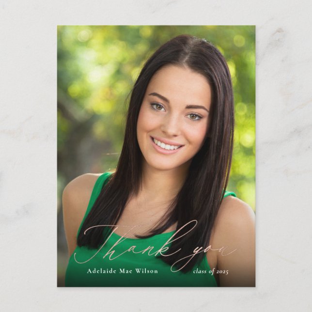 Carte Postale Rose Gold Calligraphie Photo Graduation Merci (Devant)