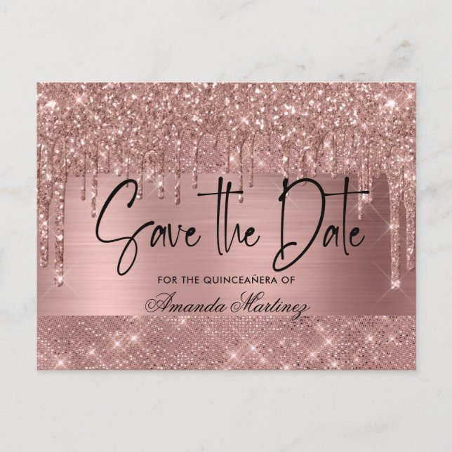 Carte Postale Rose Gold Chic Quinceañera Enregistrer la Date (Devant)