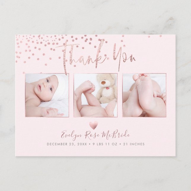 Carte Postale Rose Gold Confetti Moderne Script Merci (Devant)