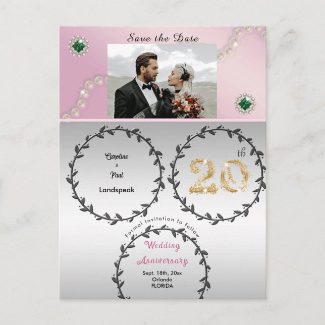 Carte Postale Rose Gold Emerald 20e anniversaire Enregistrer la  (Devant)