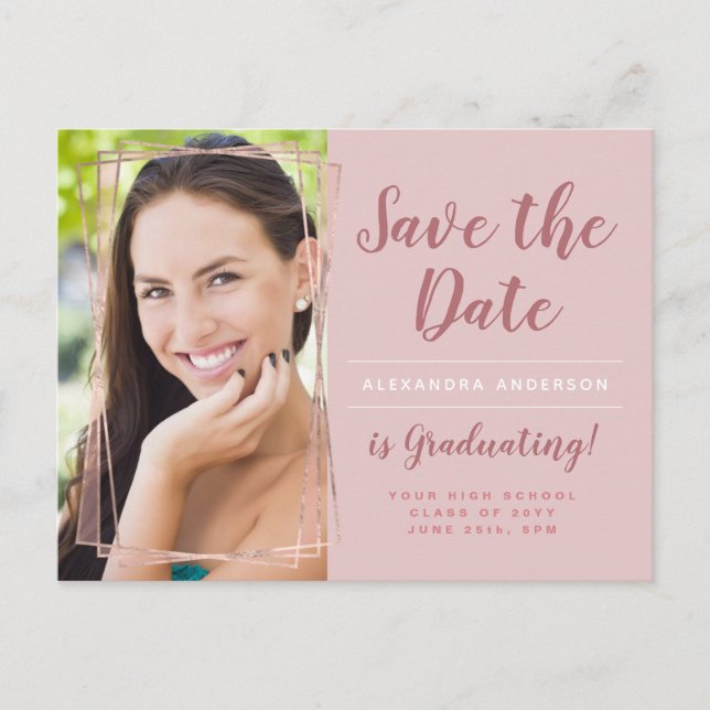 Carte Postale Rose Gold Enregistrer la date de graduation photo (Devant)