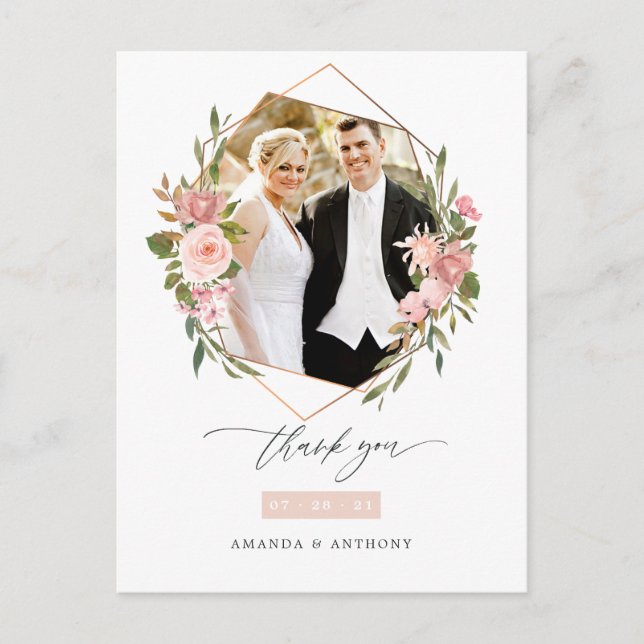 Carte Postale Rose Gold et Blush Géométrique Photo de Mariage (Devant)