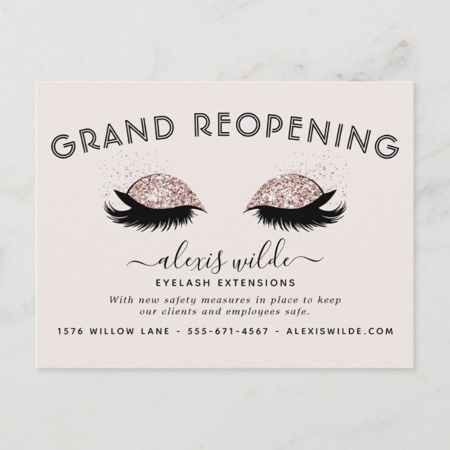 Carte Postale Rose Gold Eyelashes Salon Grand Réouverture Covid (Devant)