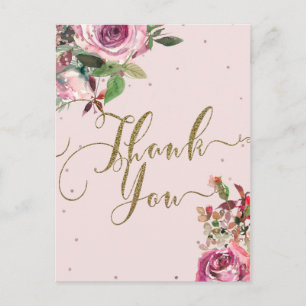 Carte Postale Rose Gold Floral Moderne Remerciement Rose Pâle