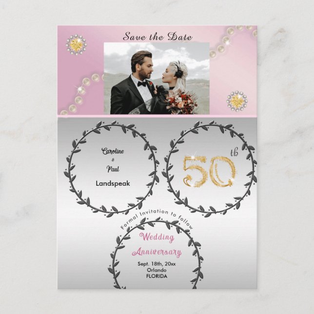 Carte Postale Rose Gold & Gold 50e anniversaire Enregistrer la d (Devant)