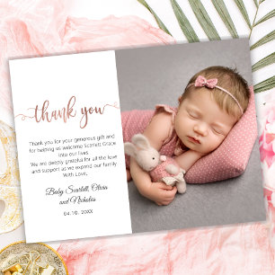 Carte Postale Rose Gold Modern Script Baby Photo Merci