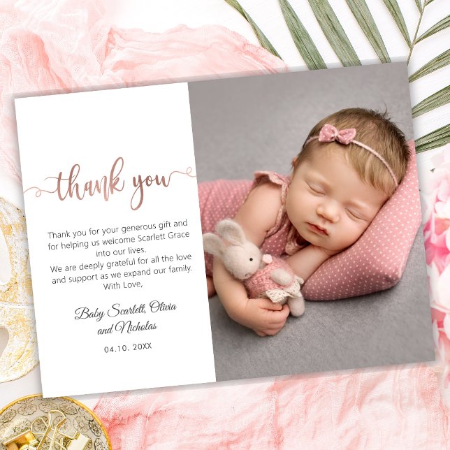 Carte Postale Rose Gold Modern Script Baby Photo Merci (Créateur téléchargé)