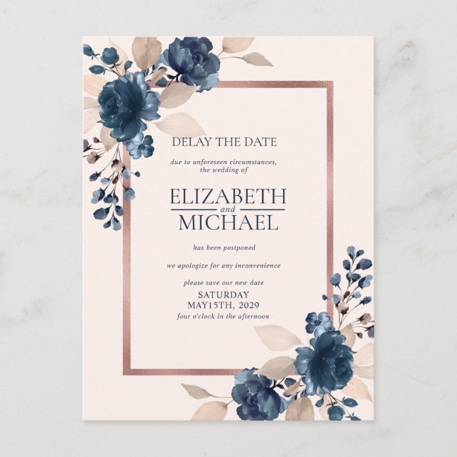 Carte Postale Rose Gold Navy Blue Dusty rose Floral Date (Devant)