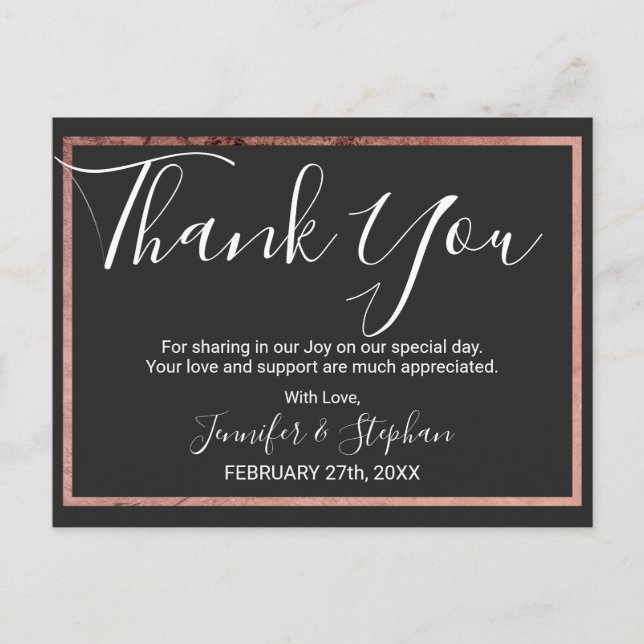 Carte Postale Rose Gold Outline Bordure Mariage noir Merci (Devant)