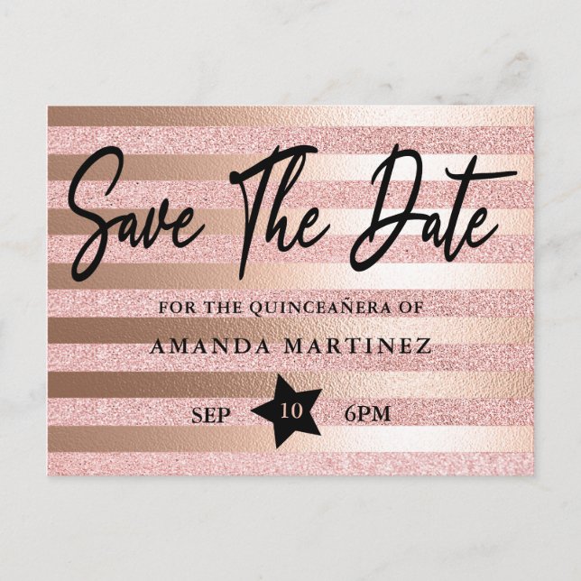 Carte Postale Rose Gold Parties scintillant & Foil Quinceañera E (Devant)