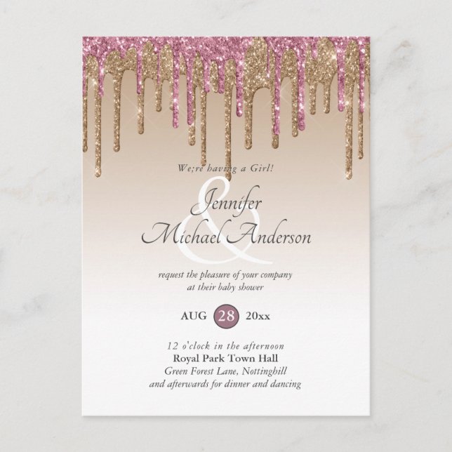 Carte Postale Rose Gold Rose Parties scintillant à goutte bébé f (Devant)