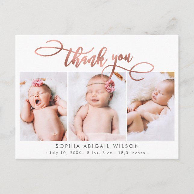 Carte Postale Rose Gold Script Baby Girl Photo Collage Merci (Devant)