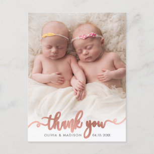 Carte Postale Rose Gold Script Girl Twins Baby Photo Merci
