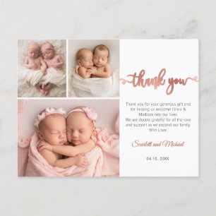 Carte Postale Rose Gold Script Girl Twins Baby Photo Merci