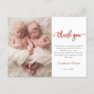 Carte Postale Rose Gold Script Girl Twins Baby Photo Merci