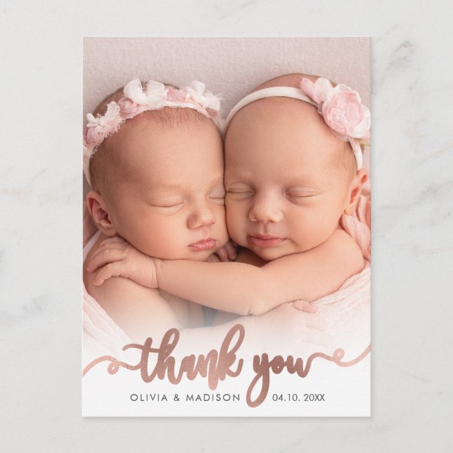 Carte Postale Rose Gold Script Girl Twins Baby Photo Thank You (Devant)