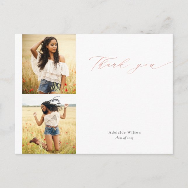 Carte Postale Rose Gold Script Two Photo Graduation Merci (Devant)