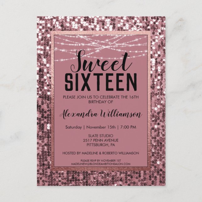 Carte Postale Rose Gold Sequin/Parties scintillant Sweet 16 Anni (Devant)