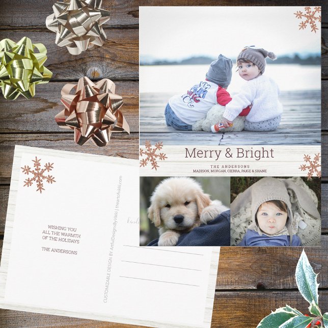 Carte Postale Rose Gold Snowflake 3 Photo Collage Holiday (Personalize these 3 photo Christmas postcards with your name, pictures and custom holiday greeting.)