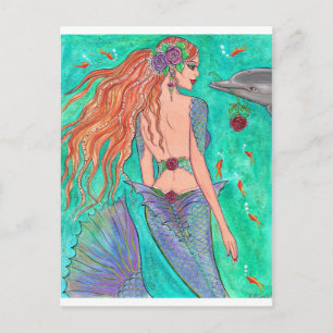 Carte Postale Rose Mermaid "The Gift" Dolphin Imaginaire Art!