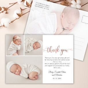 Carte Postale Rose minimaliste Gold Script Baby Photo Merci P