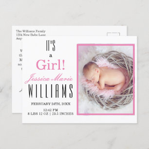 Carte Postale Rose moderne C'est une fille ! Faire-part de naiss