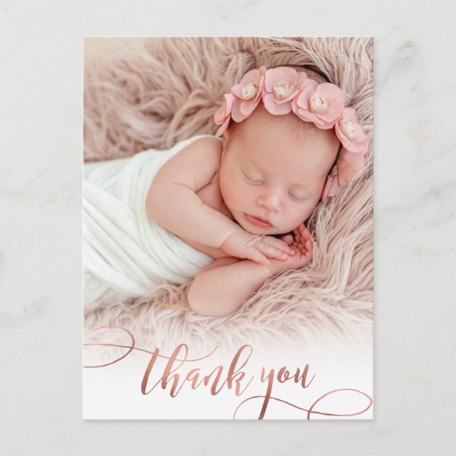 Carte Postale Rose moderne Gold Script Baby Girl Photo Merci (Devant)