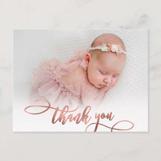 Carte Postale Rose moderne Gold Script New Baby Photo Merci (Devant)