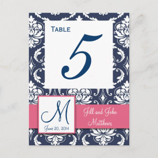 Carte Postale Rose Navy Blue Mariage damassé Numéro de tableau