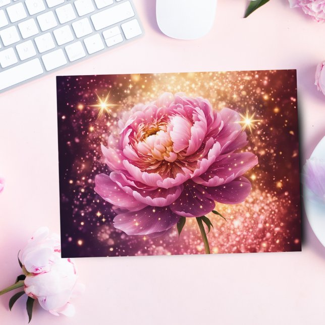 Carte Postale Rose Pailletée Rose Éblouissante  (Share love with a dazzling Pink Peony card, sparkling with glitter bokeh.)