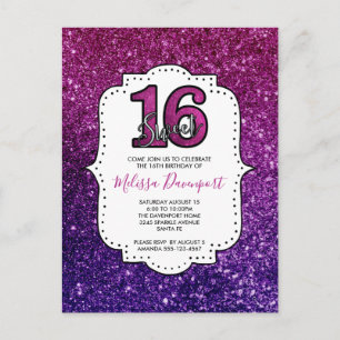 Carte Postale Rose & Purple Sweet 16 Parties scintillant étincel